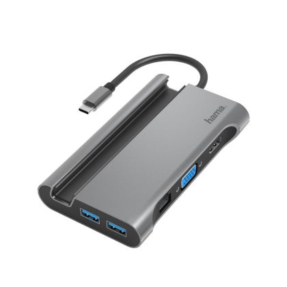 Докинг станция 7 в 1 HAMA, 3 x USB-A 3.2, HDMI, VGA, Ethernet, USB-C (PD), Сива