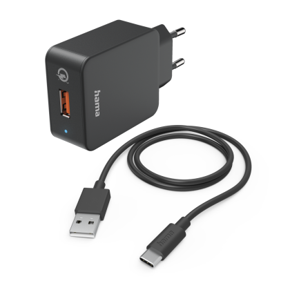 Мрежово зарядно HAMA, 220V, USB-C, Qualcomm, Quick Charge, 19.5W, Вкл. кабел, Черен