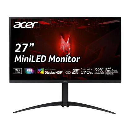 Монитор Acer Nitro XV275UP3biiprx, 27" VA, Anti-Glare, QHD Mini Led 2560x1440, 99% AdobeRGB, ZeroFrame, FreeSync Premium, up to 170Hz, 1ms, 100M:1, 600 up to 1000 cd/m2, 1xDP, 2xHDMI, Audio out, VESA, Tilt, Swivel, Hgt Adj, Pivot, Acer Display Widget, Bla