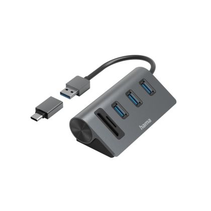 HAMA USB хъб/четец на карти, 5 портов, 3x USB-A, SD, microSD, вкл. USB-C адаптер