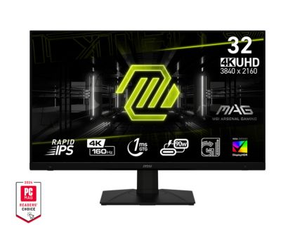 Монитор MSI MAG 322UPF, 32", Rapid IPS, 160Hz, 1ms, UHD 3840x2160, FLAT, HDR 400, FreeSync Premium, KVM, Console mode, APP, PIP, PBP, 400 nits, 1000:1, 100M;1, DP (1.4a), 2x HDMI (2.1), 1x Type-C (DP alt. PD 90W), USB HUB, Adj.Stand 100mm, Swivel,Tilt, VE