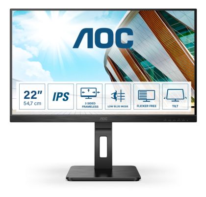 Монитор AOC 22P2Q, 21.5" IPS WLED, 1920x1080@75Hz, 4ms GtG, 250cd m/2, 1000:1, 50M:1 DCR, Adaptive Sync, FlickerFree, Low Blue Light, 2Wx2, Tilt, Height Adjust, Pivot, Swivel, D-SUB, DVI, HDMI, DP, USB hub