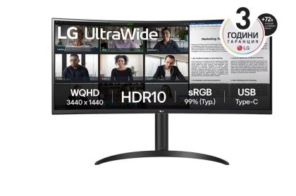 Монитор LG 34WR55QK-B 34" UltraWide AG , Curved 21:9 VA Panel, 5ms, 3000:1, 300 cd/m2, WQHD 3440x1440, HDR10, sRGB 99% , USB type-C 65W , 100Hz, HDMI, DisplayPort, PBP, Height Adjustable, Tilt, Reader Mode, Headphone Out, Black