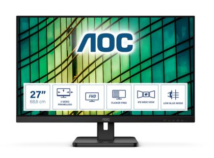 Монитор AOC 27E2QAE, 27" IPS WLED, 1920x1080@75Hz, 4ms GTG, 250cd/m2, 1000:1, 20M:1 DCR, Adaptive Sync, FlickerFree, Low Blue Light, 2Wx2, Tilt, Swivel, D-SUB, HDMI, DP