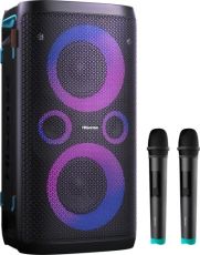 Аудио система Hisense Party Rocker One Plus (HP110) Bluetooth Speaker with 300W Power, Built-in Woofer, Karaoke Mode, Built-in Wireless Charging Pad, AUX Input and Output, USB, 15 Hour Long-Lasting Battery 4 x 2500Ah, 2x mics included, Black