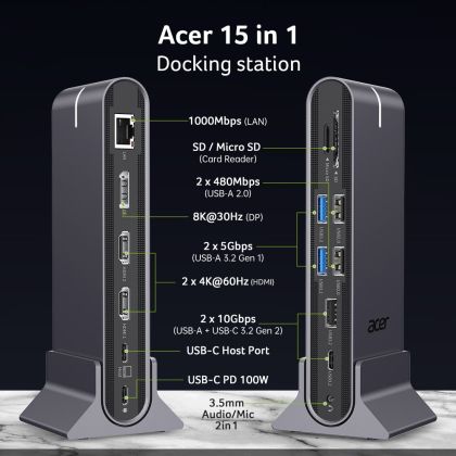 Докинг станция Acer Type C Universal docking station 15in1, 2 x HDMI 4K@60Hz, 1 x DP 8k@30Hz, 5 x USB A, 1 x USB C, 1 x RJ45, 1x SD /Micro SD, 1 x TF, 1 x Audio  3.5mm jack, Windows, ChromeOS, macOS, Gray